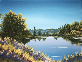 A bright summer lake scene with vibrant blues. Size: 12 x 16